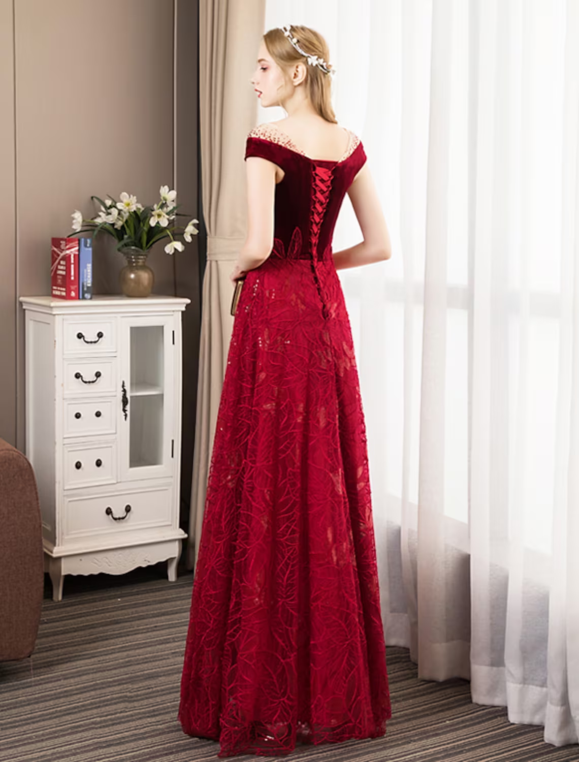 Glittering Dress Engagement Floor Length Short Sleeve Jewel Neck with Pleats Crystals Pattern Print