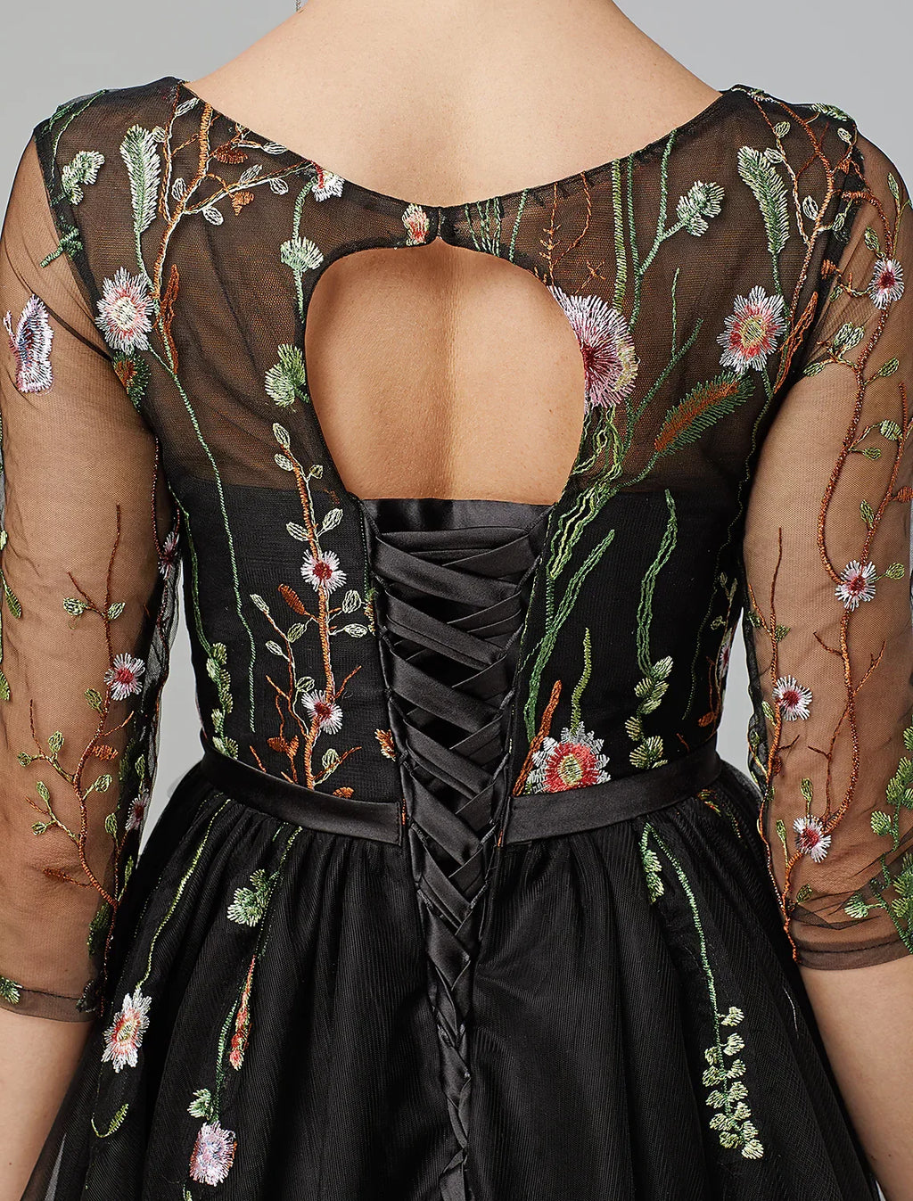 Black Little Dress Dress Wedding Guest Knee Length Long Sleeve Neck Addams with Embroidery Appliques