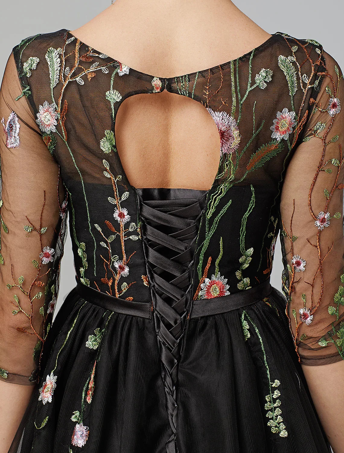 Black Little Dress Dress Wedding Guest Knee Length Long Sleeve Neck Addams with Embroidery Appliques