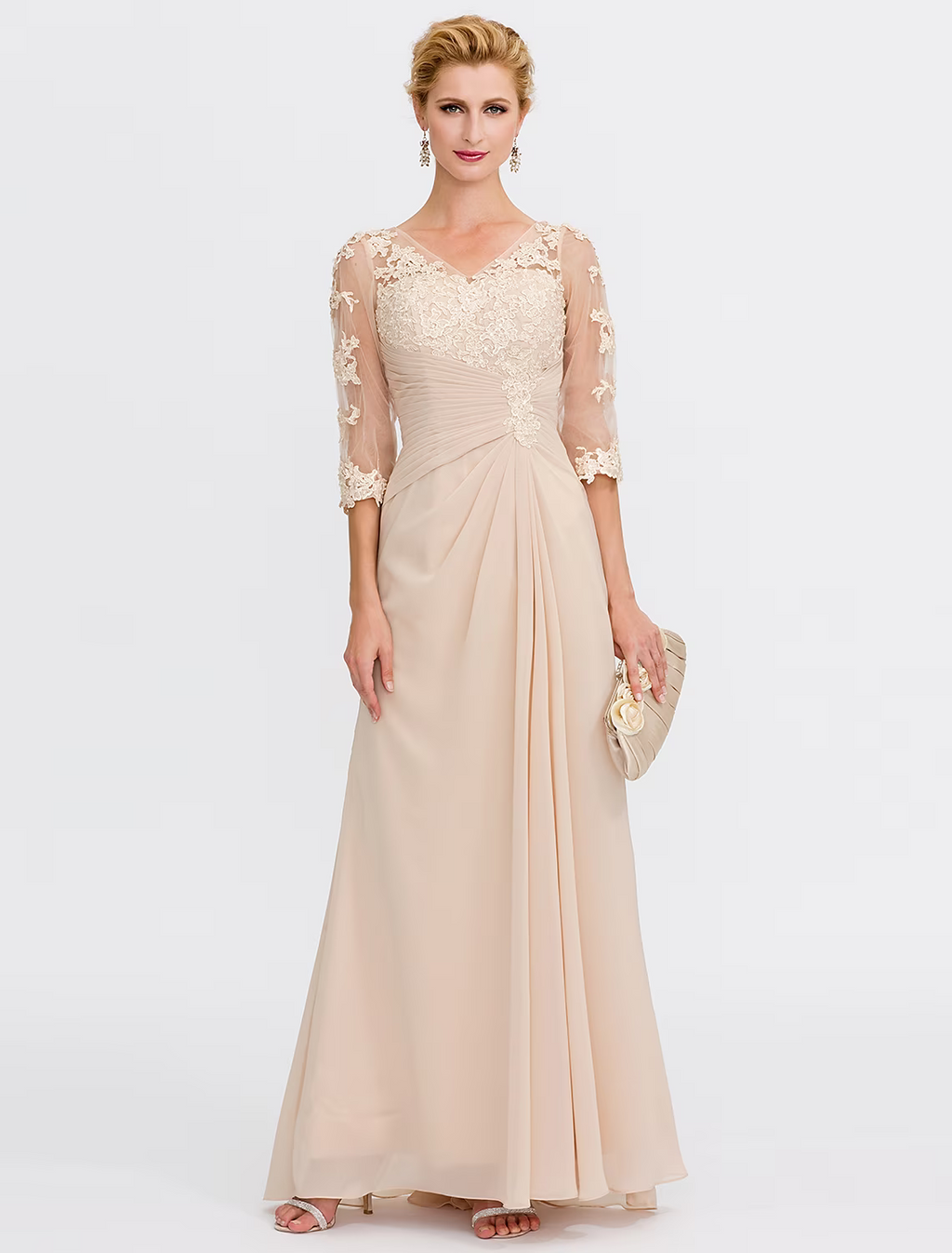 Mother of the Bride Dress Plus Size Elegant Through V Neck Floor Length Half Sleeve with Appliques Side Draping