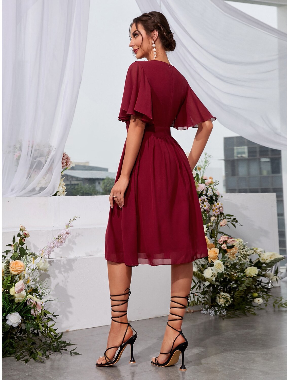 Wedding Guest Dresses Elegant Dress Holiday Graduation Knee Length Short Sleeve Jewel Neck with Pleats Ruffles