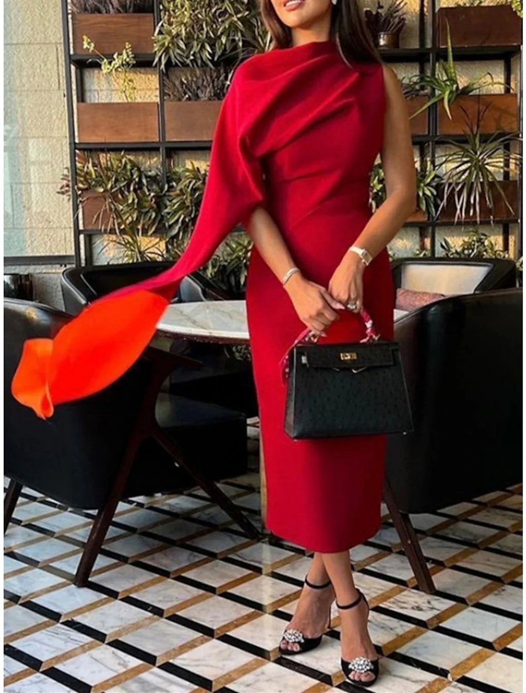 Green Sheath / Column Evening Gown Elegant Dress Formal Tea Length Christmas Red Dress Sleeveless Cowl Neck Fabric with Ruched