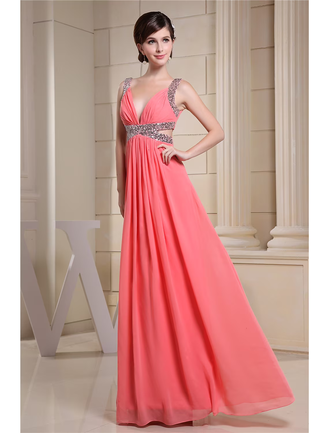 Evening Gown Sparkle Dress Engagement Floor Length Sleeveless V Neck with Pleats