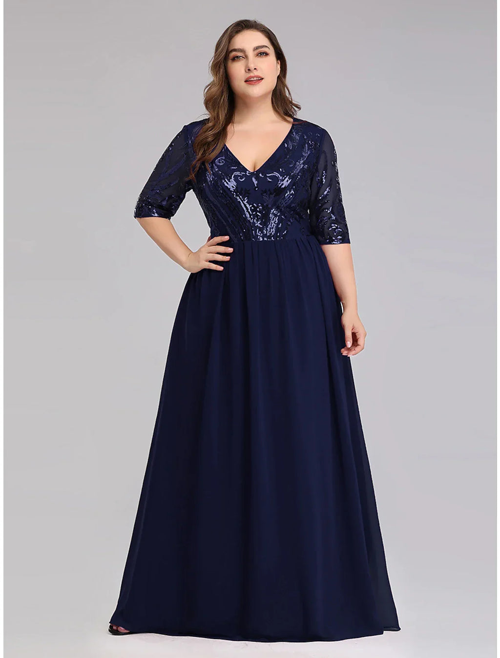 Plus Size Dress Wedding Guest Floor Length Half Sleeve Plunging Neck