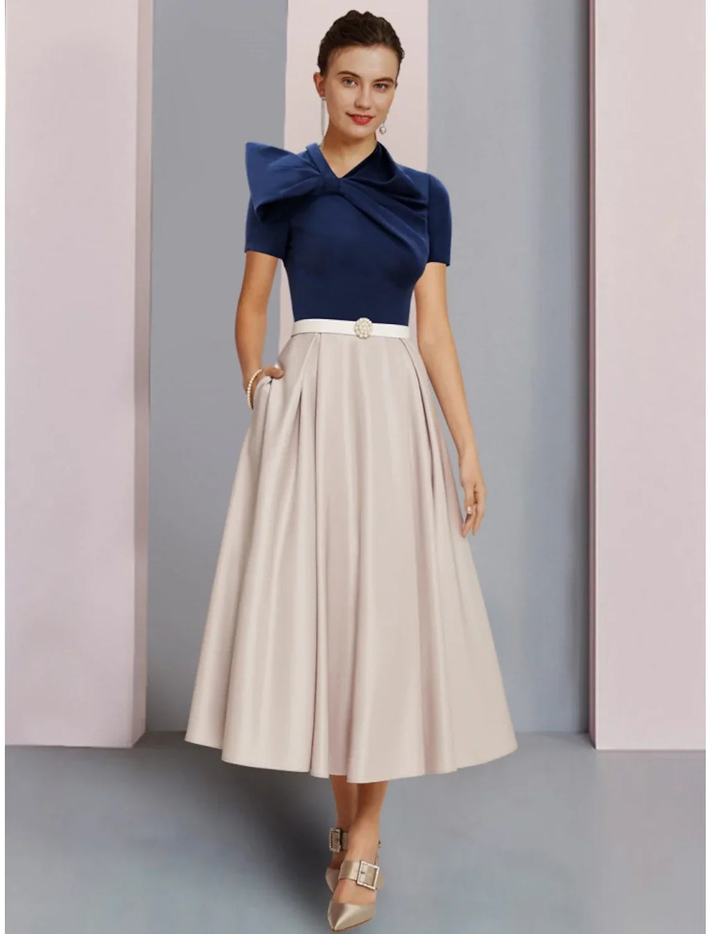 Mother of the Bride Dress Wedding Guest Elegant Jewel Neck Tea Length Short Sleeve with Bow(s) Crystal Brooch Ruching