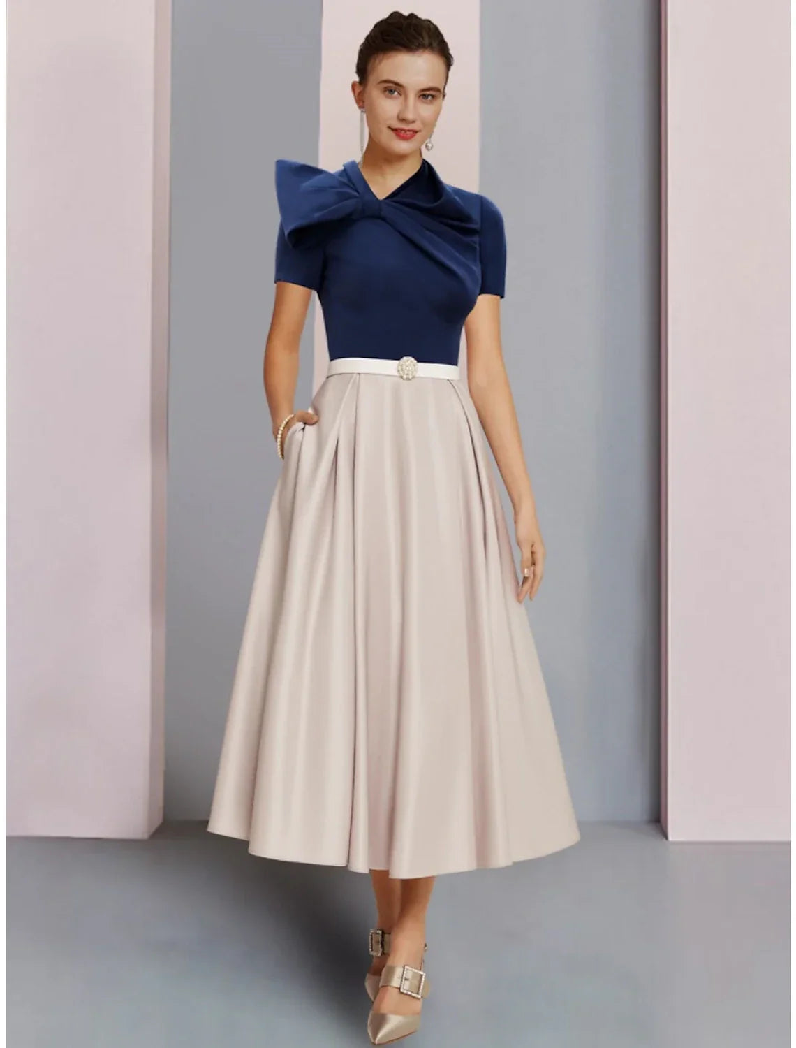 Mother of the Bride Dress Wedding Guest Elegant Jewel Neck Tea Length Short Sleeve with Bow(s) Crystal Brooch Ruching