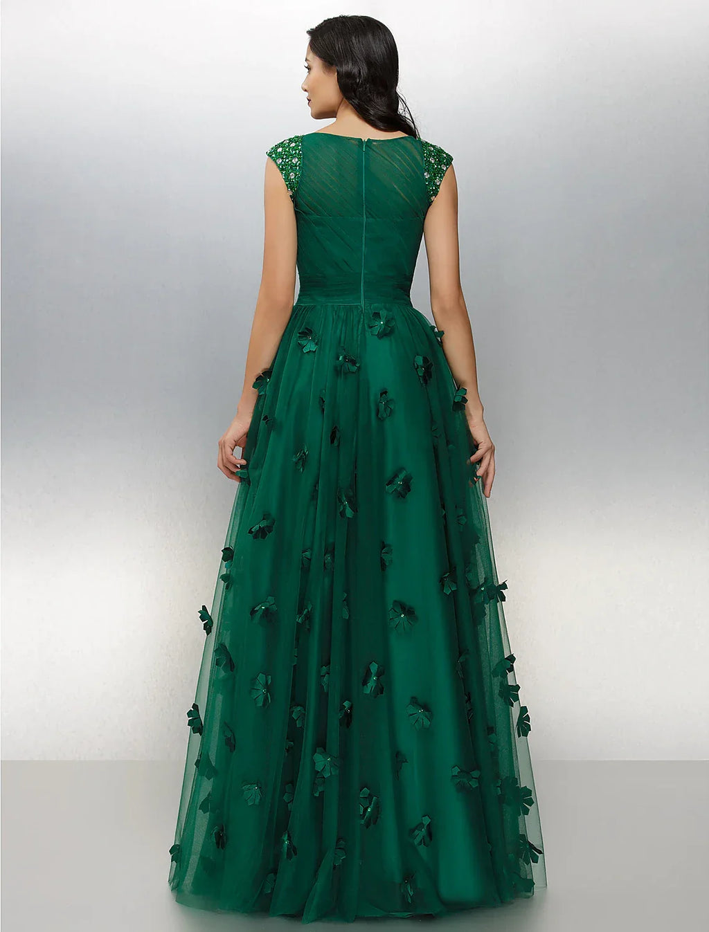Floral Dress Wedding Guest Floor Length Short Sleeve Boat Neck with Crystals Appliques
