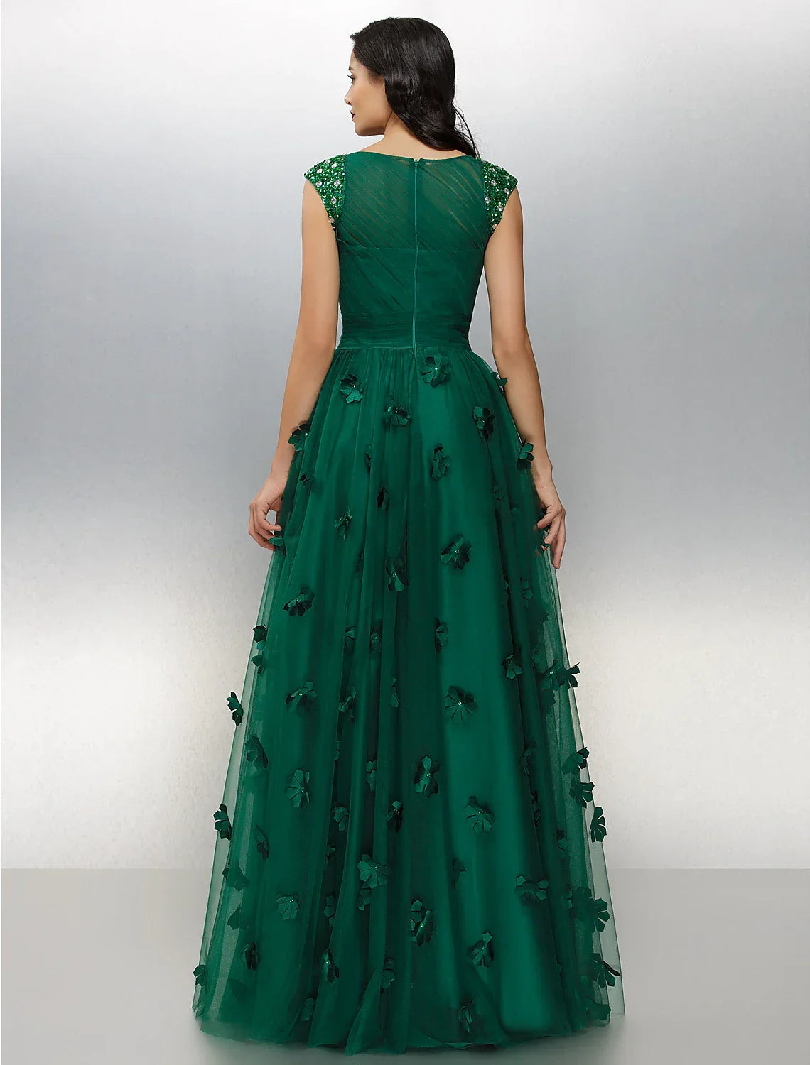 Floral Dress Wedding Guest Floor Length Short Sleeve Boat Neck with Crystals Appliques