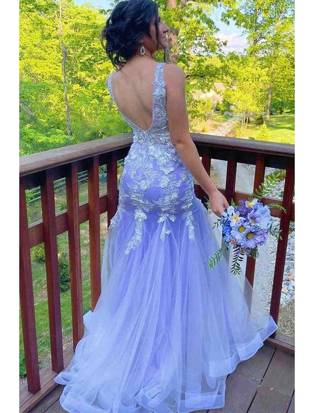 Mermaid / Trumpet Prom Dresses Floral Dress Formal Sweep / Brush Train Sleeveless V Neck with Ruffles Appliques