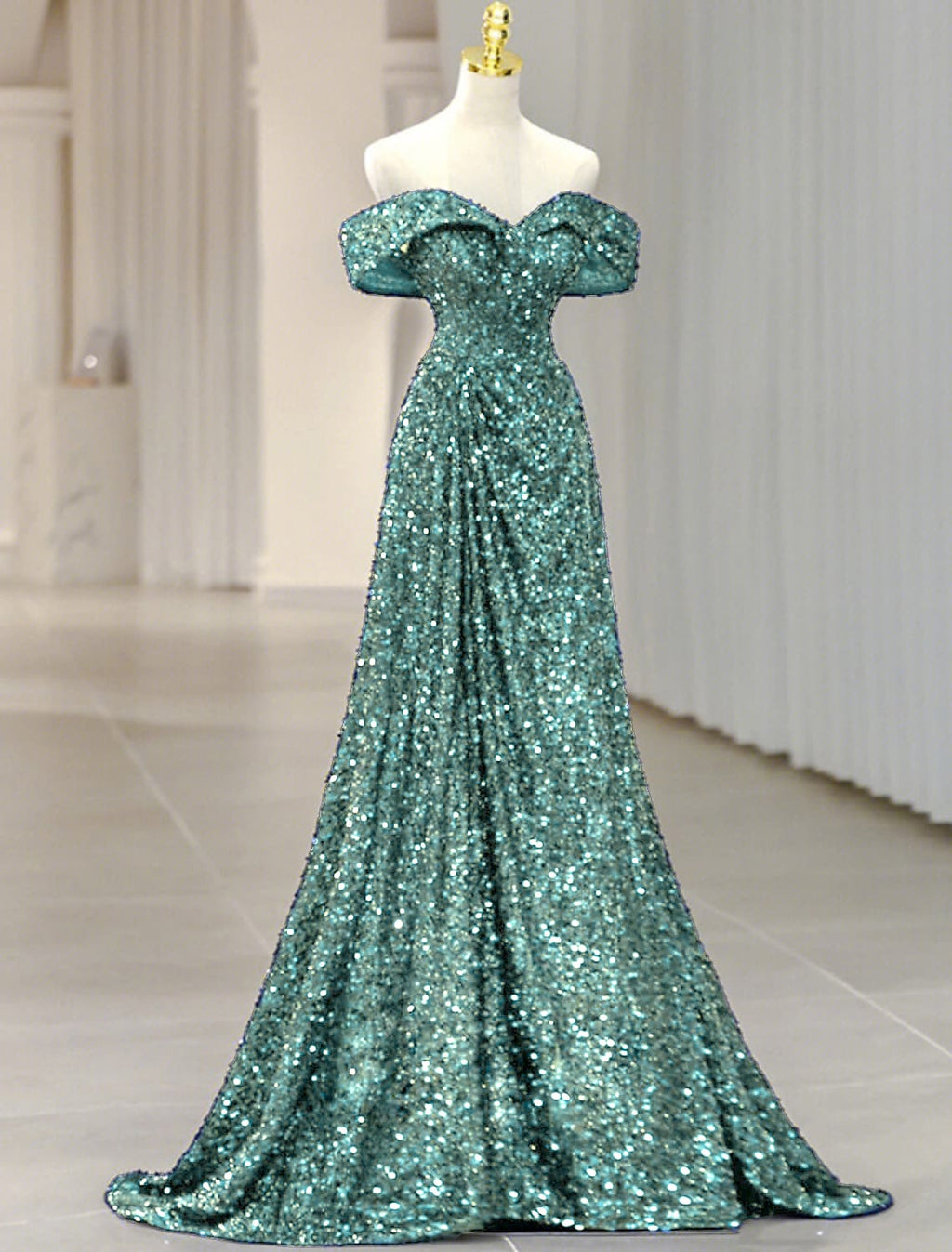 Evening Gown Sparkle & Shine Dress Formal Wedding Guest Sweep / Brush Train Sleeveless Off Shoulder with Glitter