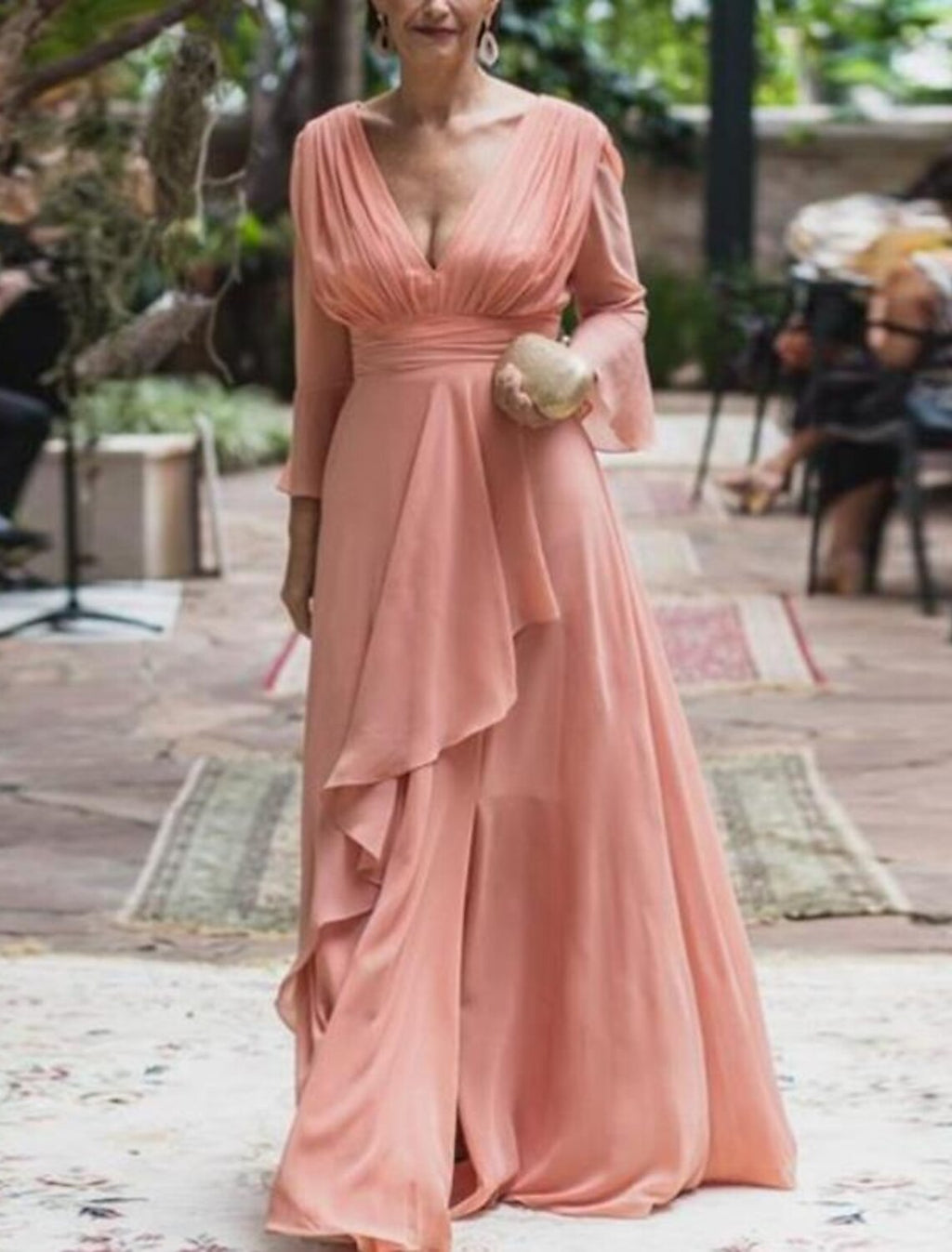 Mother of the Bride Dress Formal Wedding Guest Elegant V Neck Floor Length 3/4 Length Sleeve with Pleats Ruffles