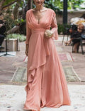 Mother of the Bride Dress Formal Wedding Guest Elegant V Neck Floor Length 3/4 Length Sleeve with Pleats Ruffles