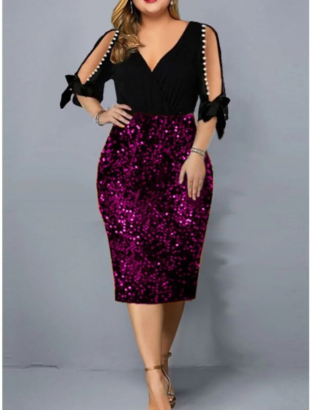 Sheath / Column Party Dresses Sparkle & Shine Dress Party Wear Fall Tea Length Half Sleeve V Neck with Glitter Bow(s)