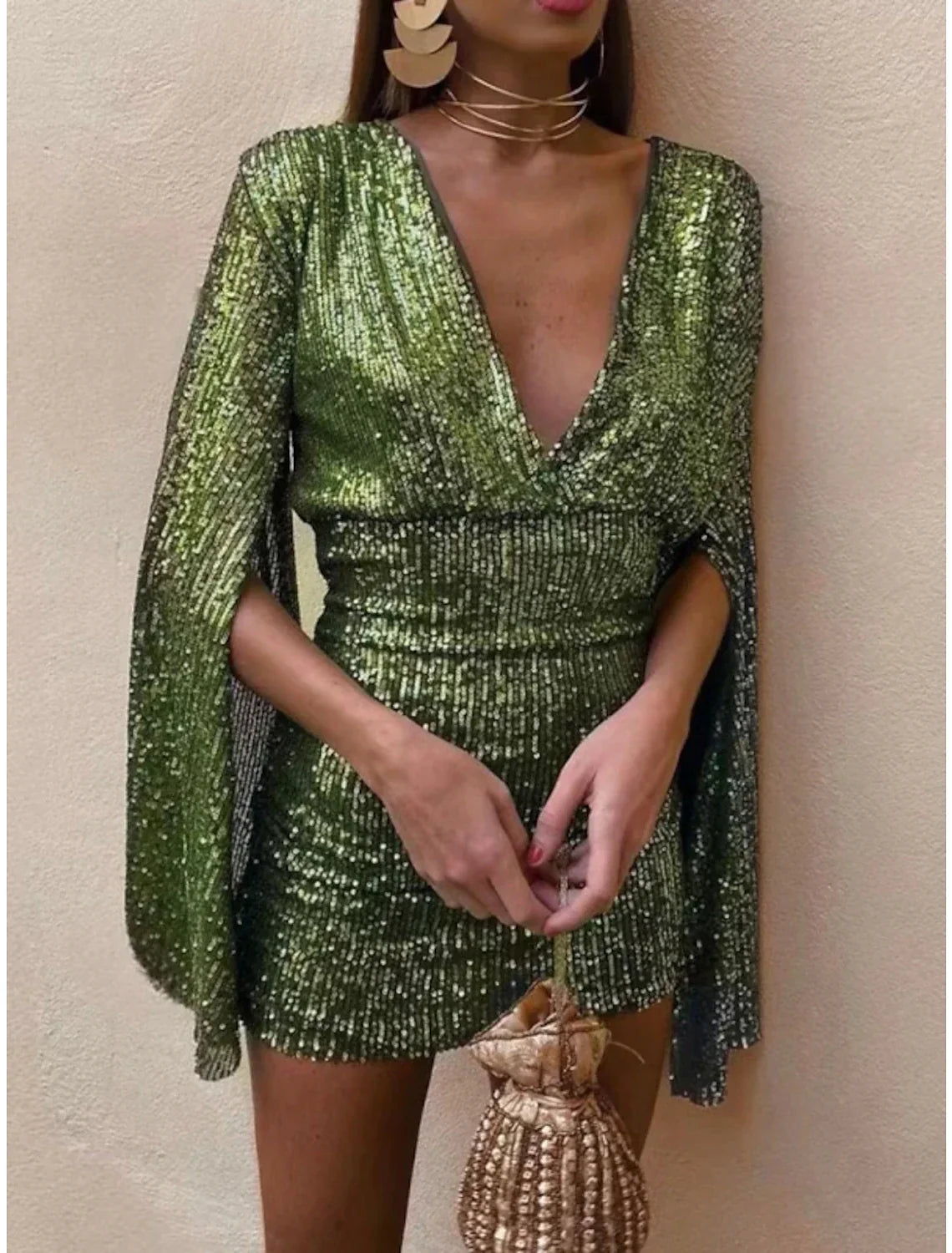 Sheath / Column Party Dresses Backless Dress Party Wear Short / Mini Long Sleeve V Neck Backless with Glitter Ruched