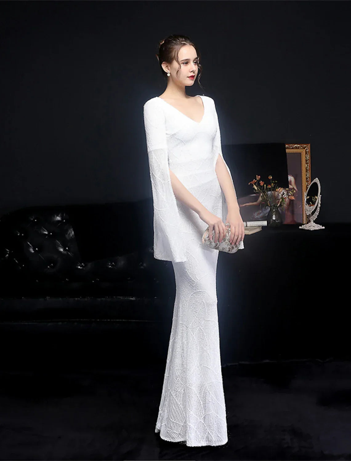 Mermaid / Trumpet Evening Gown Sparkle & Shine Dress Formal Floor Length Long Sleeve V Neck