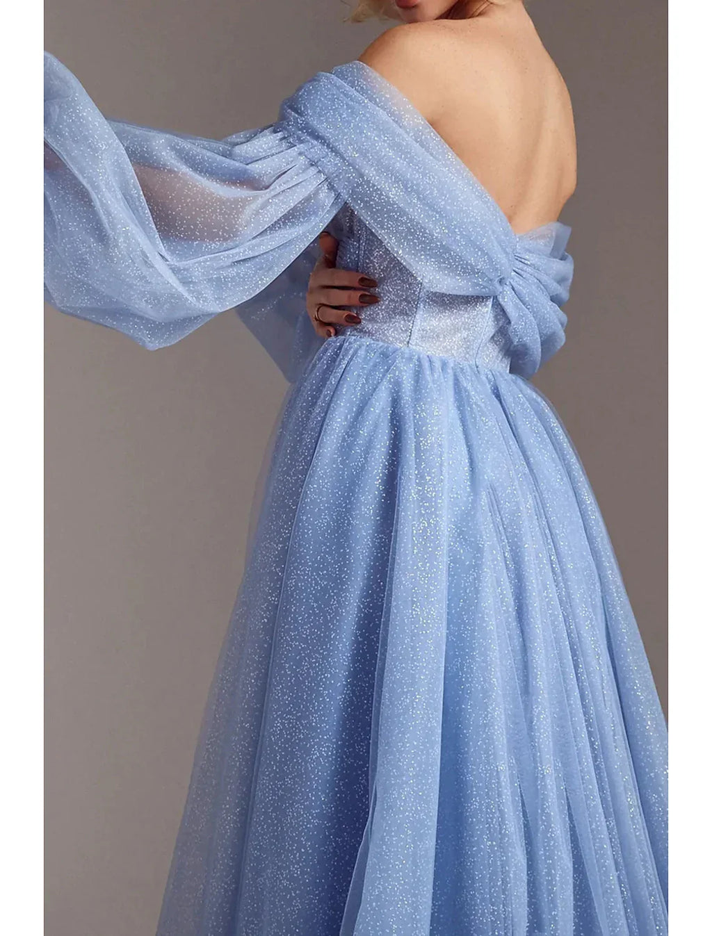 Corsets Dress Formal Floor Length Long Sleeve Off Shoulder Glitter Ruched Slit