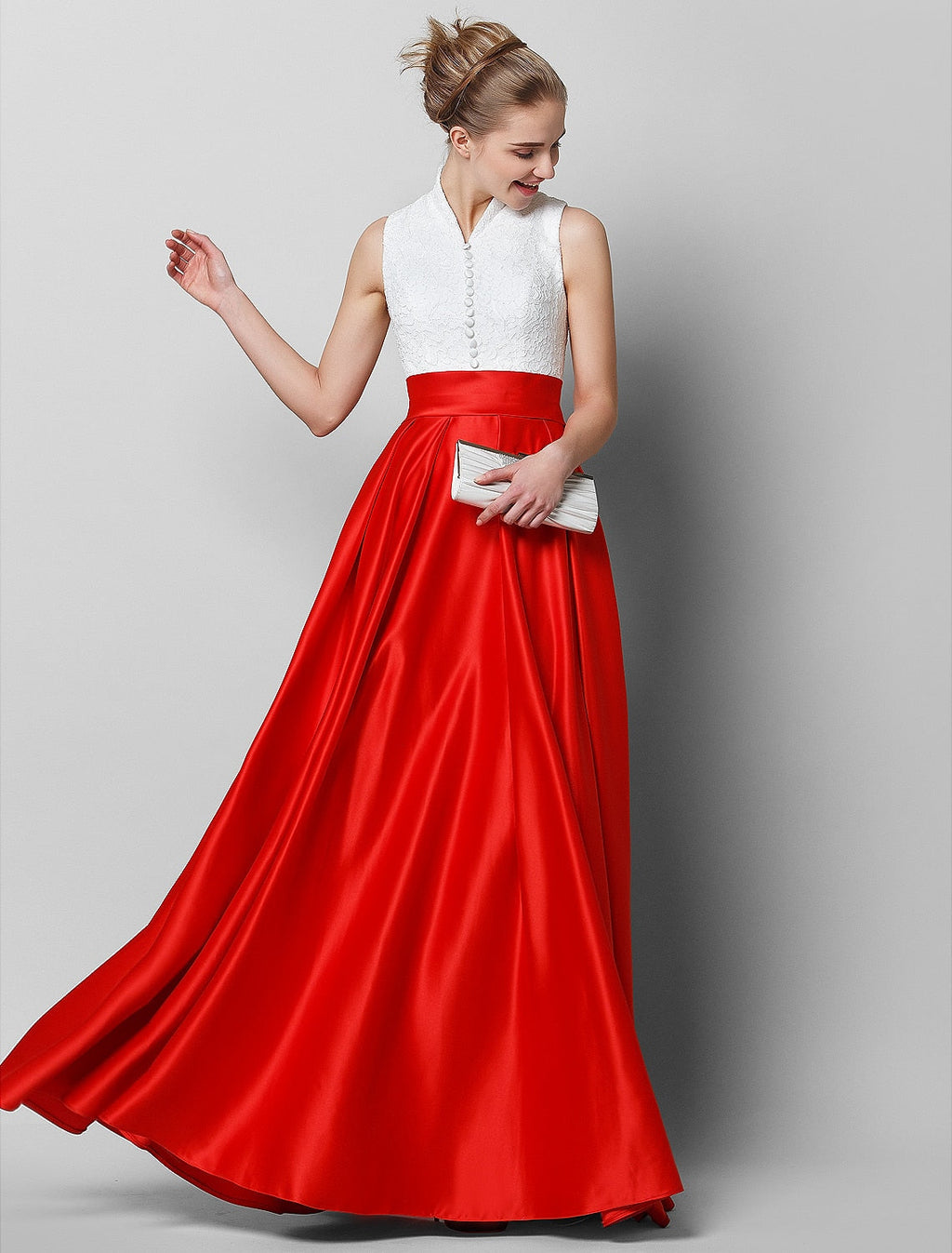 Black & Luxurious Color Block Formal Evening Tie Gala Dress High Neck Sleeveless Floor Length with Pleats