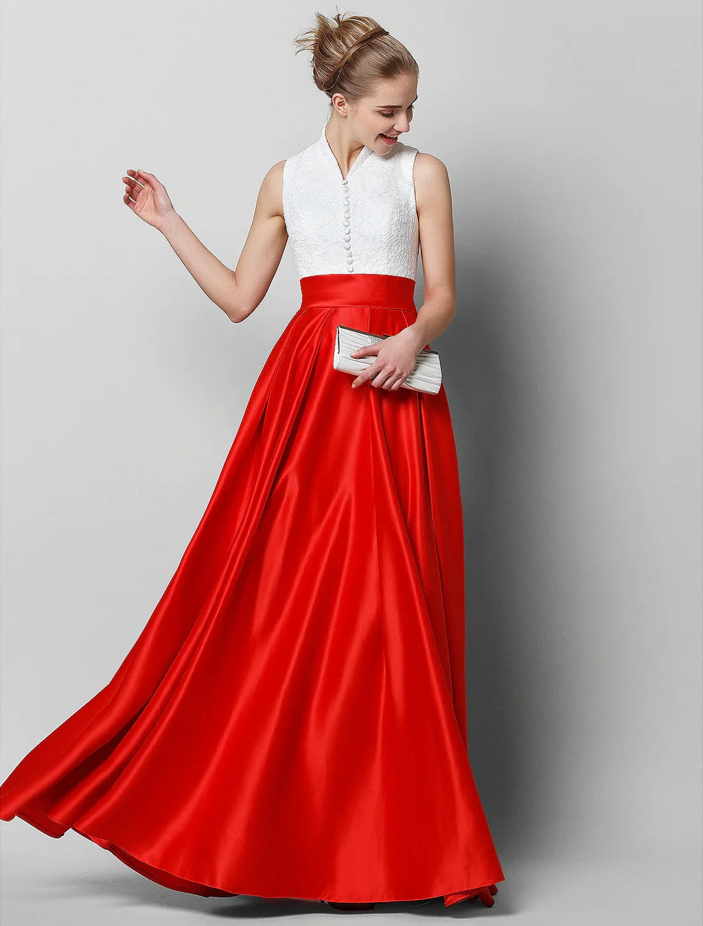 Luxurious Color Block Formal Evening Gala Dress High Neck Sleeveless Floor Length with Pleats