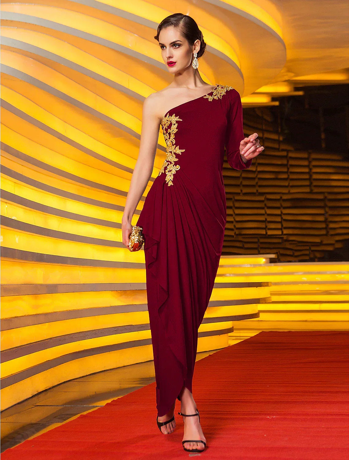Sheath / Column Celebrity Style Party Wear Formal Evening Dress One Shoulder Long Sleeve Ankle Length with Beading Draping Appliques
