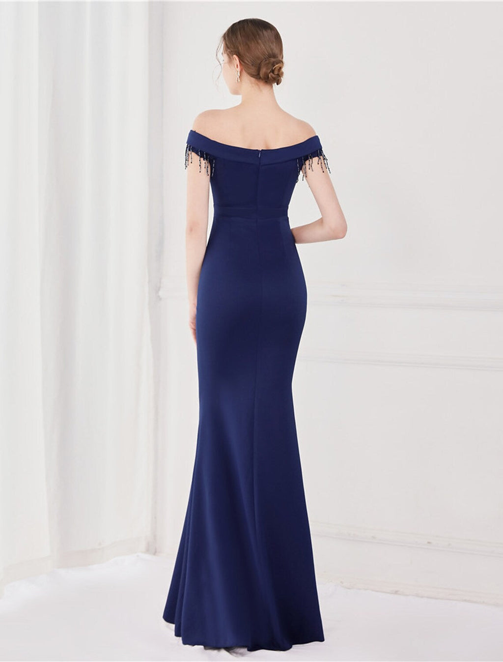 Sexy Wedding Formal Evening Dress Off Shoulder V Back Short Sleeve Floor Length with Tassel