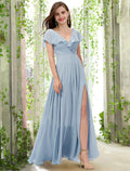 Bridesmaid Dress V Neck Short Sleeve Elegant Floor Length with Pleats Ruffles Split Front
