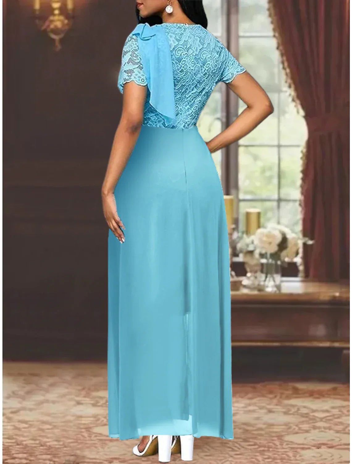 Sheath / Column Mother of the Bride Dress Formal Wedding Guest Party Elegant Scoop Neck Knee Length Short Sleeve with Bow(s)