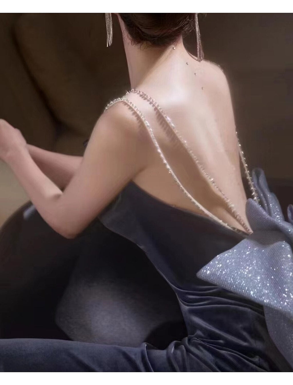 Celebrity Style Elegant Engagement Prom Dress Spaghetti Strap Long Sleeve Sweep / Brush Train with Bow(s) Crystals