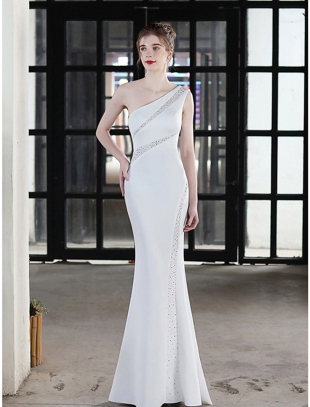 Evening Gown Sexy Dress Wedding Guest Floor Length Sleeveless One Shoulder with Crystals