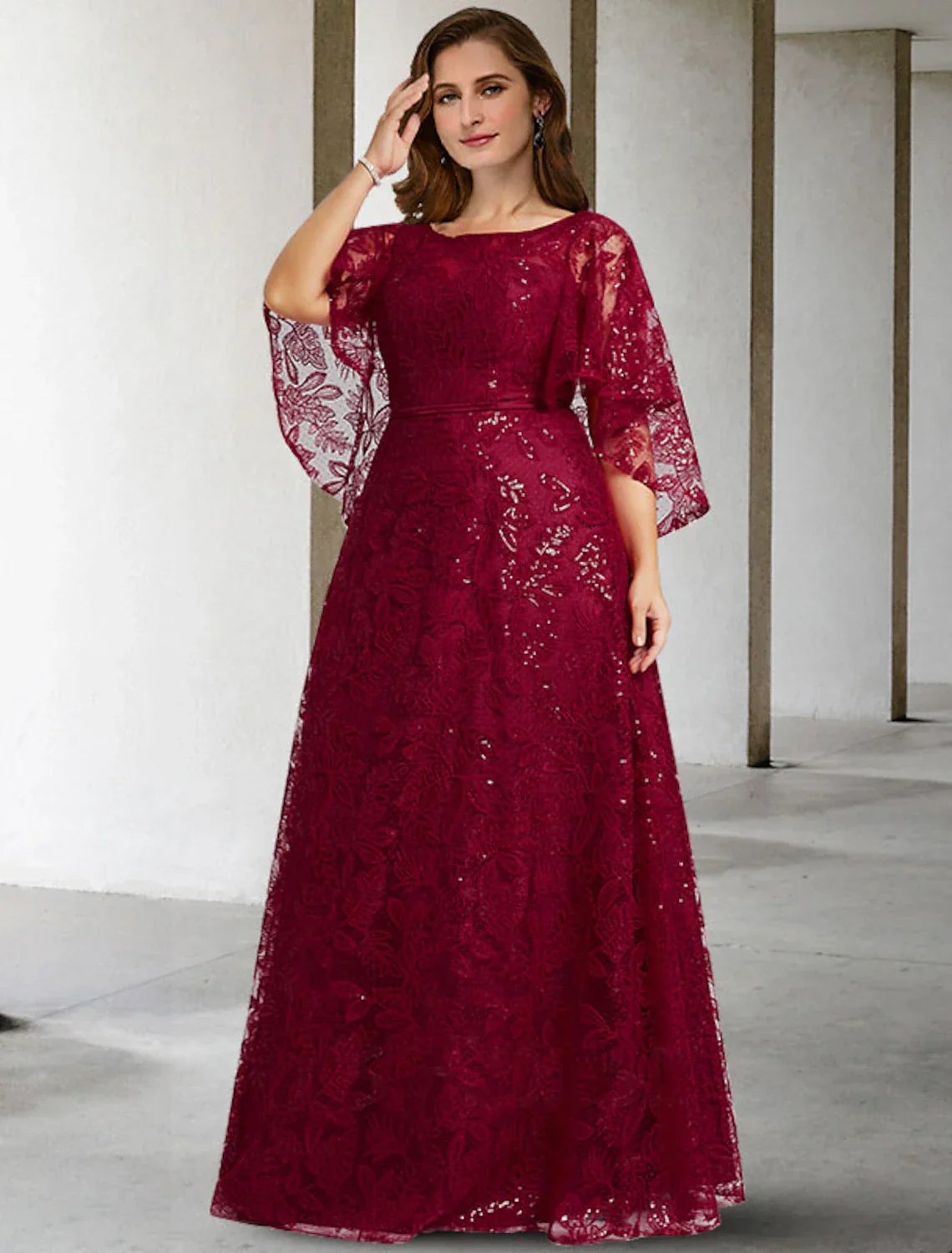 Mother of the Bride Dress Plus Size Hide Belly Elegant Jewel Neck Floor Length Half Sleeve No with Appliques