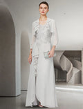Two Piece Sheath / Column Mother of the Bride Dress Elegant Jewel Neck Floor Length 3/4 Length Sleeve Wrap Included with Ruffles Appliques