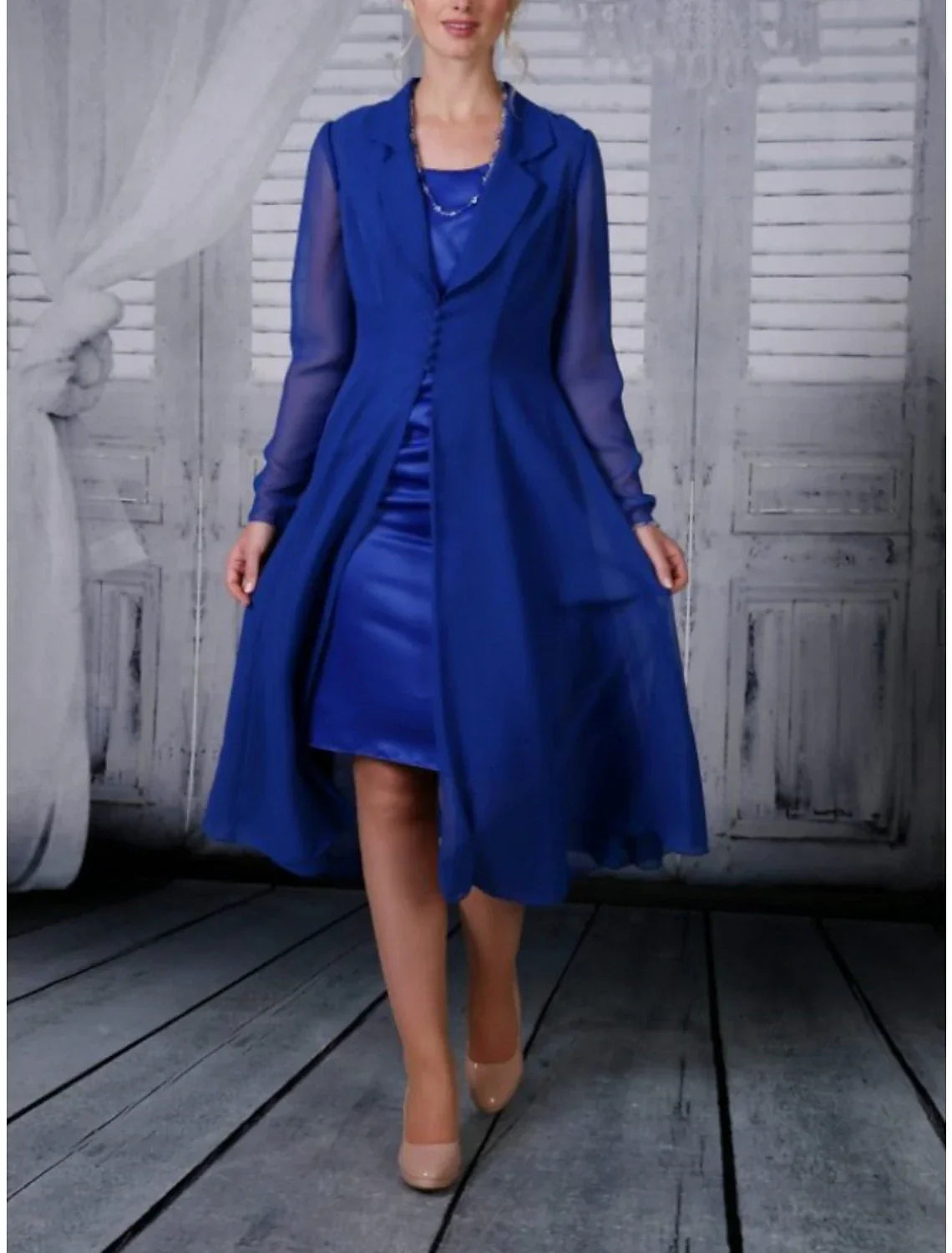Two Piece A-Line Mother of the Bride Dress Wedding Guest Simple Elegant Shirt Collar Tea Length Long Sleeve with Pleats Solid Color