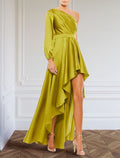 Evening Gown Elegant Dress Formal Asymmetrical Long Sleeve One Shoulder Charmeuse with Ruffles