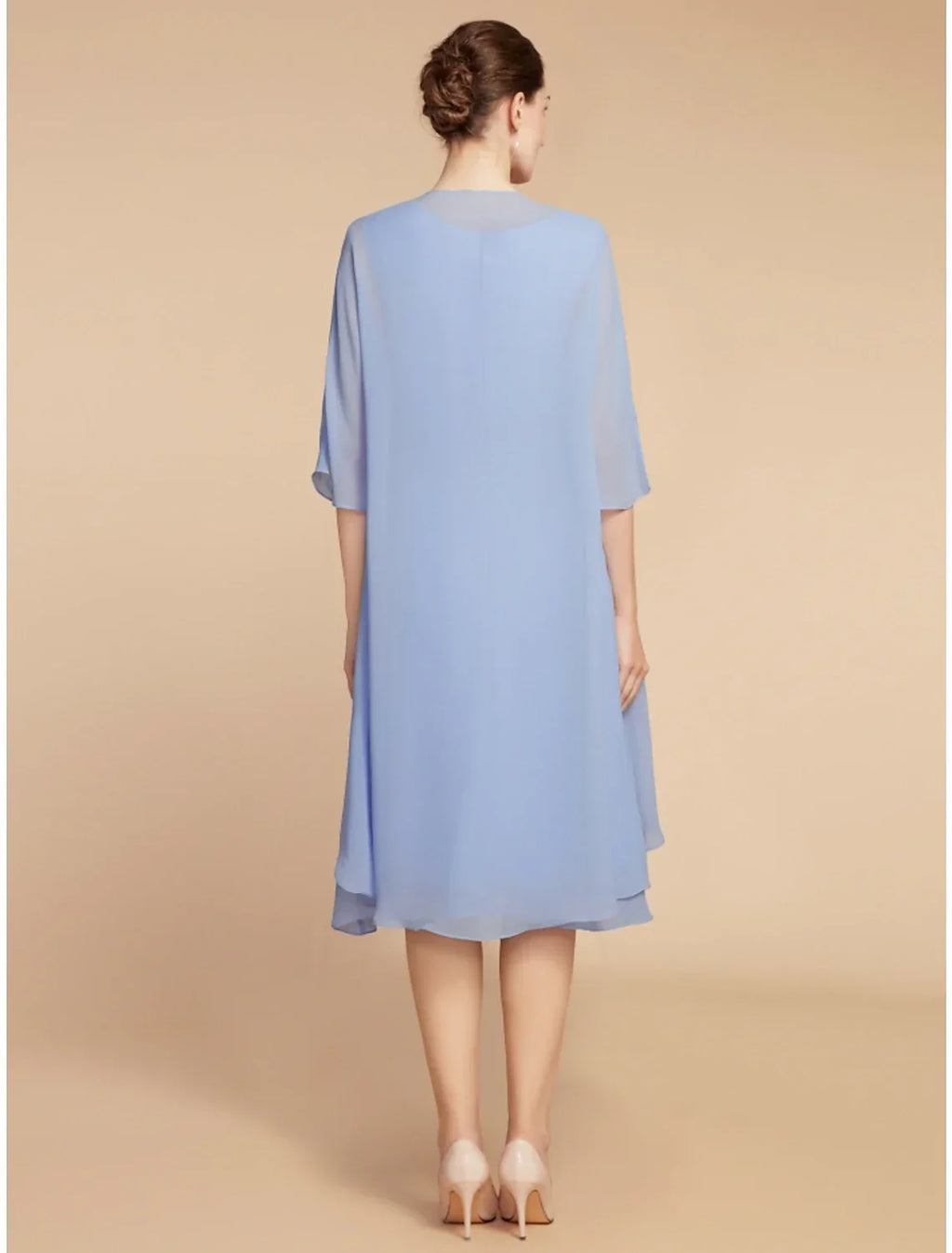 Two Piece Sheath / Column Mother of the Bride Dress Wedding Guest Elegant Petite Scoop Neck Knee Length Half Sleeve with Ruching Solid Color