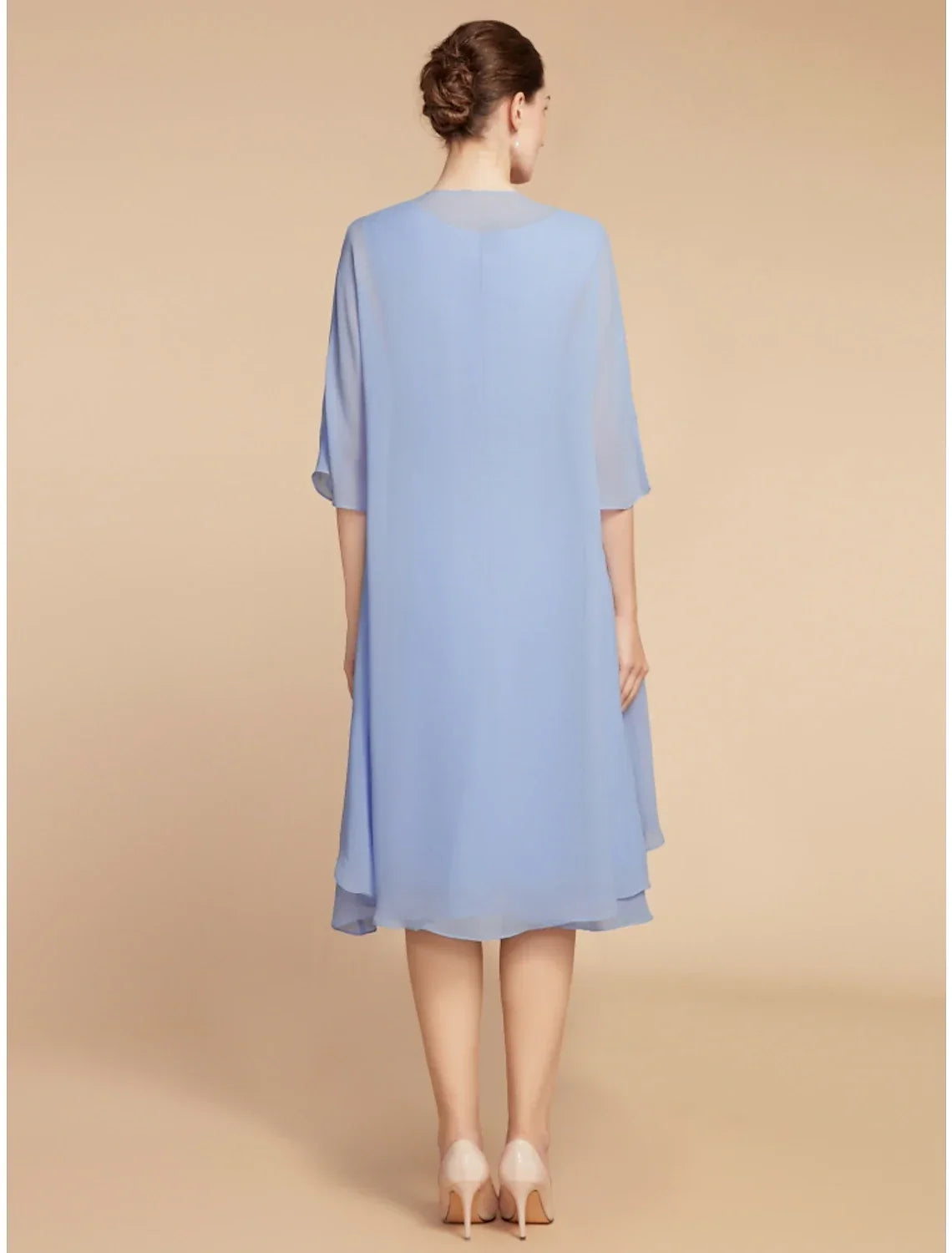 Two Piece Sheath / Column Mother of the Bride Dress Wedding Guest Elegant Petite Scoop Neck Knee Length Half Sleeve with Ruching Solid Color