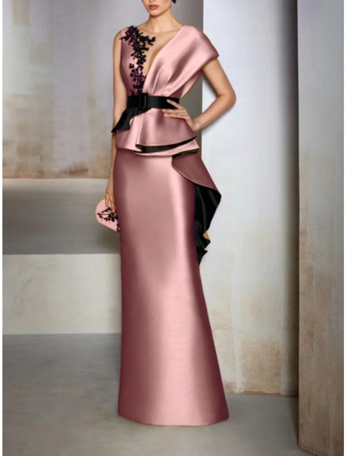 Sheath / Column Evening Gown Elegant Dress Formal Wedding Guest Floor Length Short Sleeve V Neck with Ruffles Embroidery Appliques