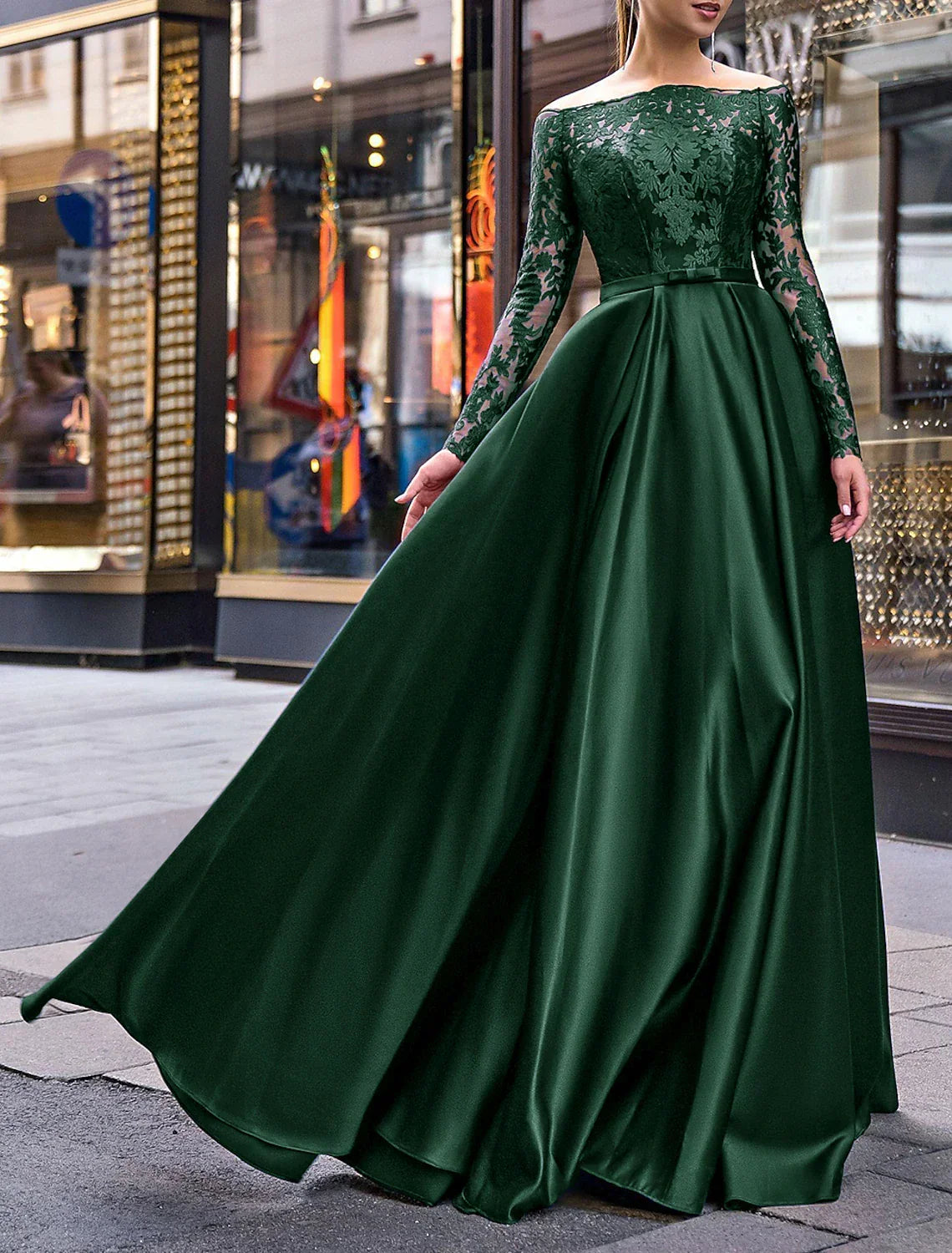Green Evening Gown Party Dress Christmas Red Dress Elegant Dress Wedding Guest Fall Floor Length Long Sleeve Off Shoulder Belt / Sash with Appliques