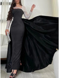 Black Sheath / Column Evening Gown Elegant Dress Formal Floor Length Dress Long Sleeve Scoop Neck with Pleats