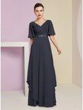 Mother of the Bride Dress Wedding Guest Elegant V Neck Floor Length Short Sleeve with Crystal Brooch Ruching