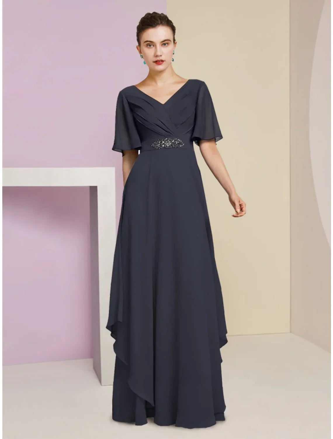 Mother of the Bride Dress Wedding Guest Elegant V Neck Floor Length Short Sleeve with Crystal Brooch Ruching