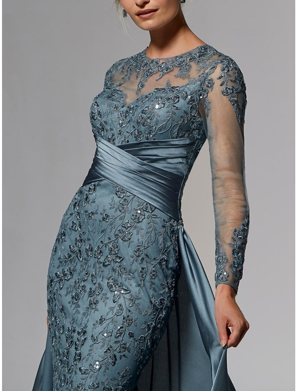 Mermaid / Trumpet Mother of the Bride Dress Wedding Guest Elegant Jewel Neck Sweep / Brush Train Long Sleeve with Ruching