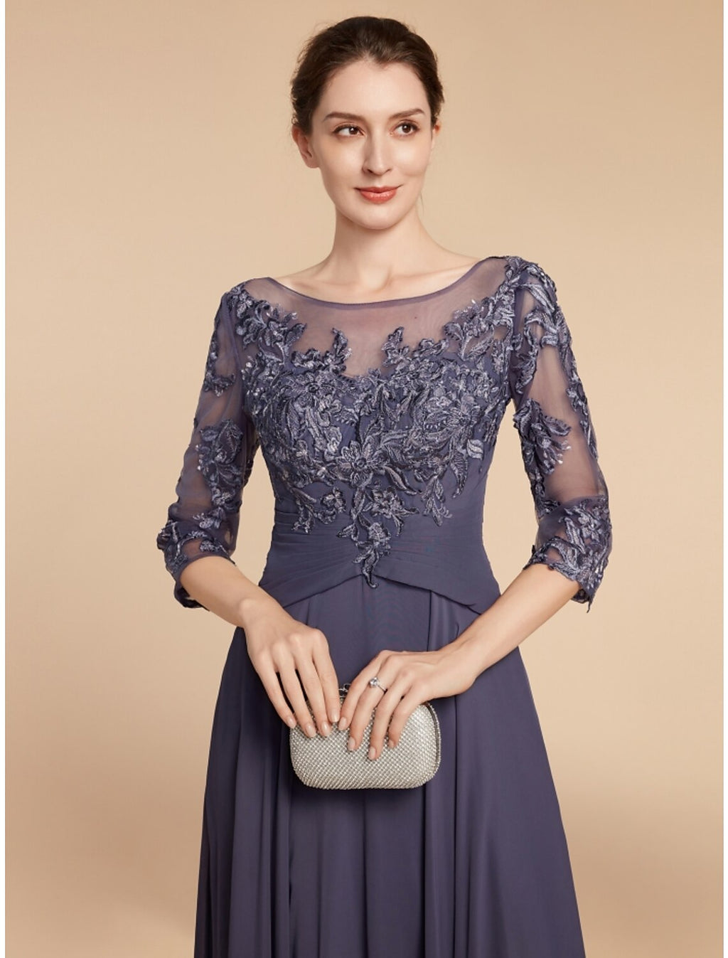 Mother of the Bride Dress Wedding Guest Elegant Scoop Neck Floor Length 3/4 Length Sleeve with Ruching Solid Color