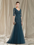 Mother of the Bride Dress Elegant V Neck Train Half Sleeve No with Ruffles Appliques
