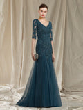 Mother of the Bride Dress Elegant V Neck Sweep / Brush Train Half Sleeve No with Ruffles Appliques
