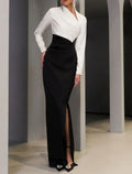 Black Sheath Dress Evening Gown Elegant Dress Formal Wedding Guest Floor Length Long Sleeve V Neck Fabric