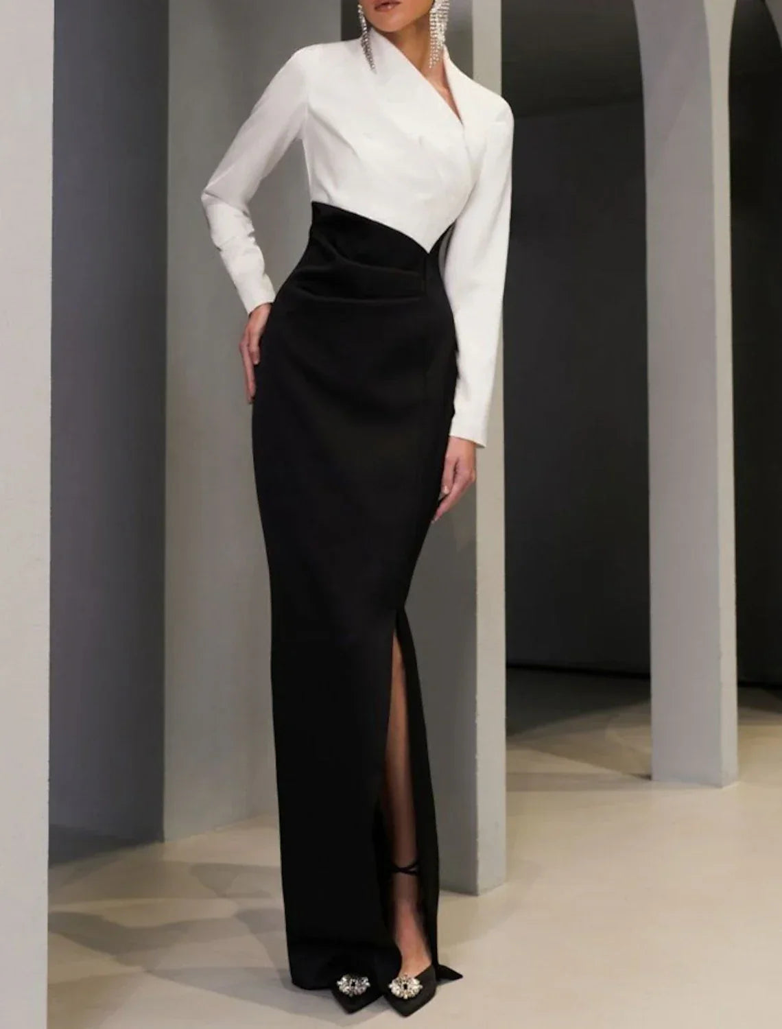 Black Sheath Dress Evening Gown Elegant Dress Formal Wedding Guest Floor Length Long Sleeve V Neck Fabric