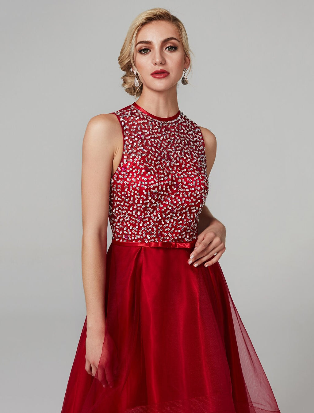 Sparkle & Shine Dress Wedding Guest Asymmetrical Sleeveless Jewel Neck with Bow(s)