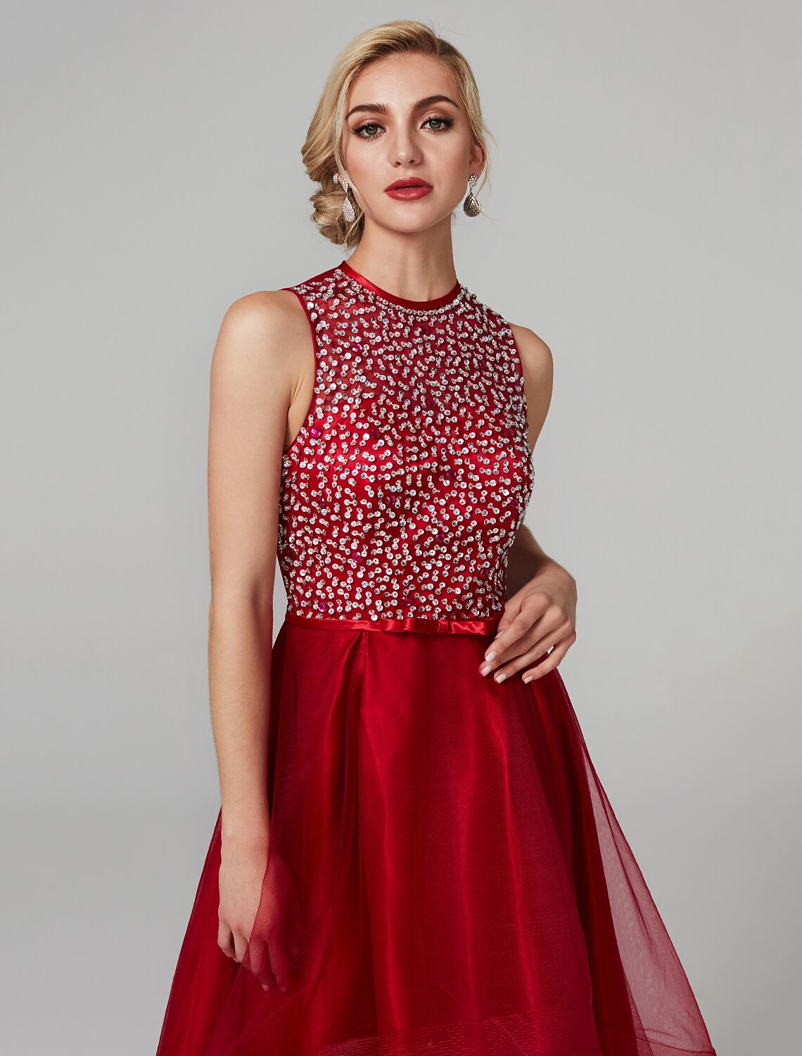 Sparkle & Shine Dress Wedding Guest Cocktail Party Asymmetrical Sleeveless Jewel Neck with Bow(s)