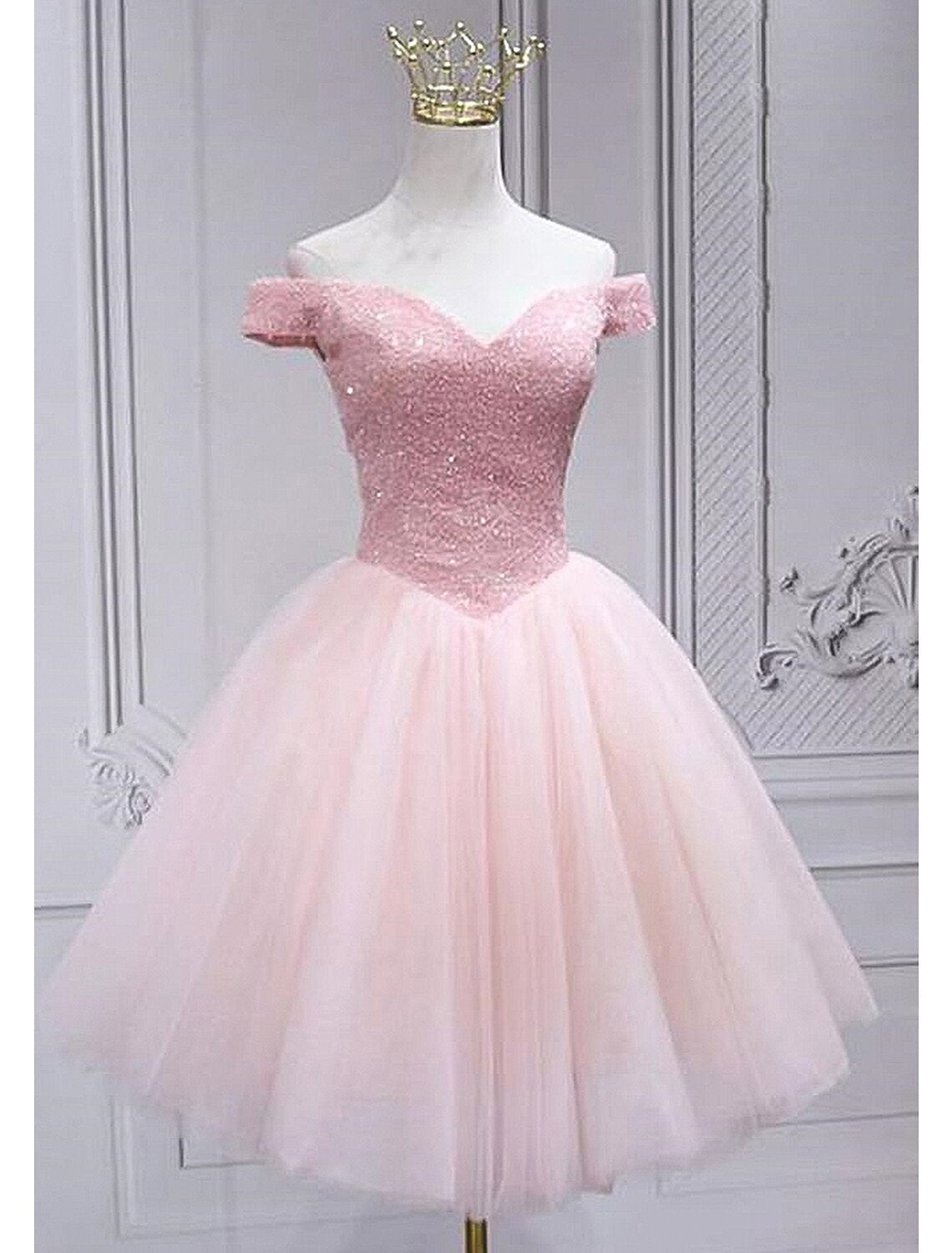 Pink Homecoming Dresses Sparkle & Shine Dress Party Wear Cocktail Party Knee Length Sleeveless Off Shoulder Dress