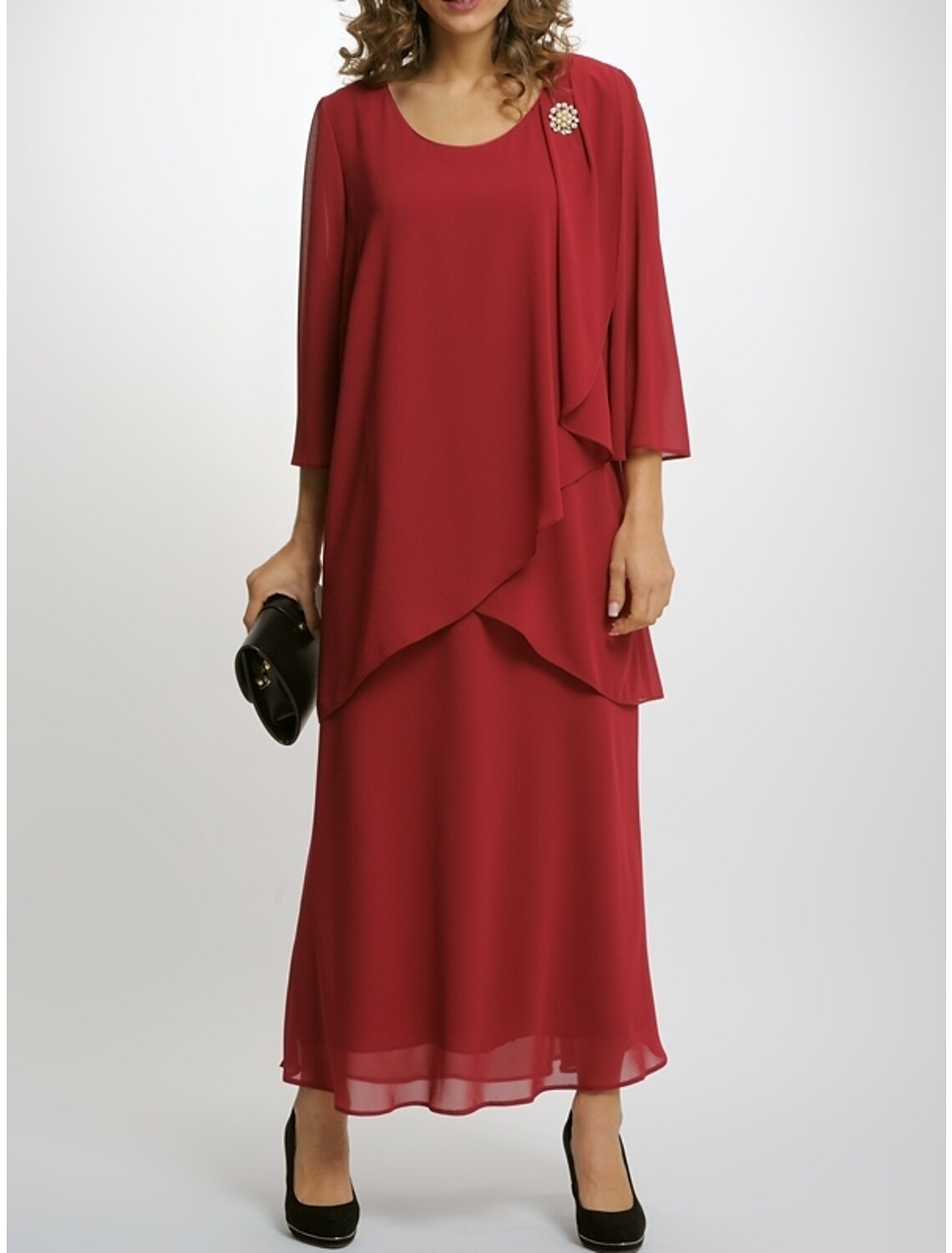 Sheath / Column Mother of the Bride Dress Party Simple Elegant Scoop Neck Ankle Length 3/4 Length Sleeve with Pleats Crystal Brooch