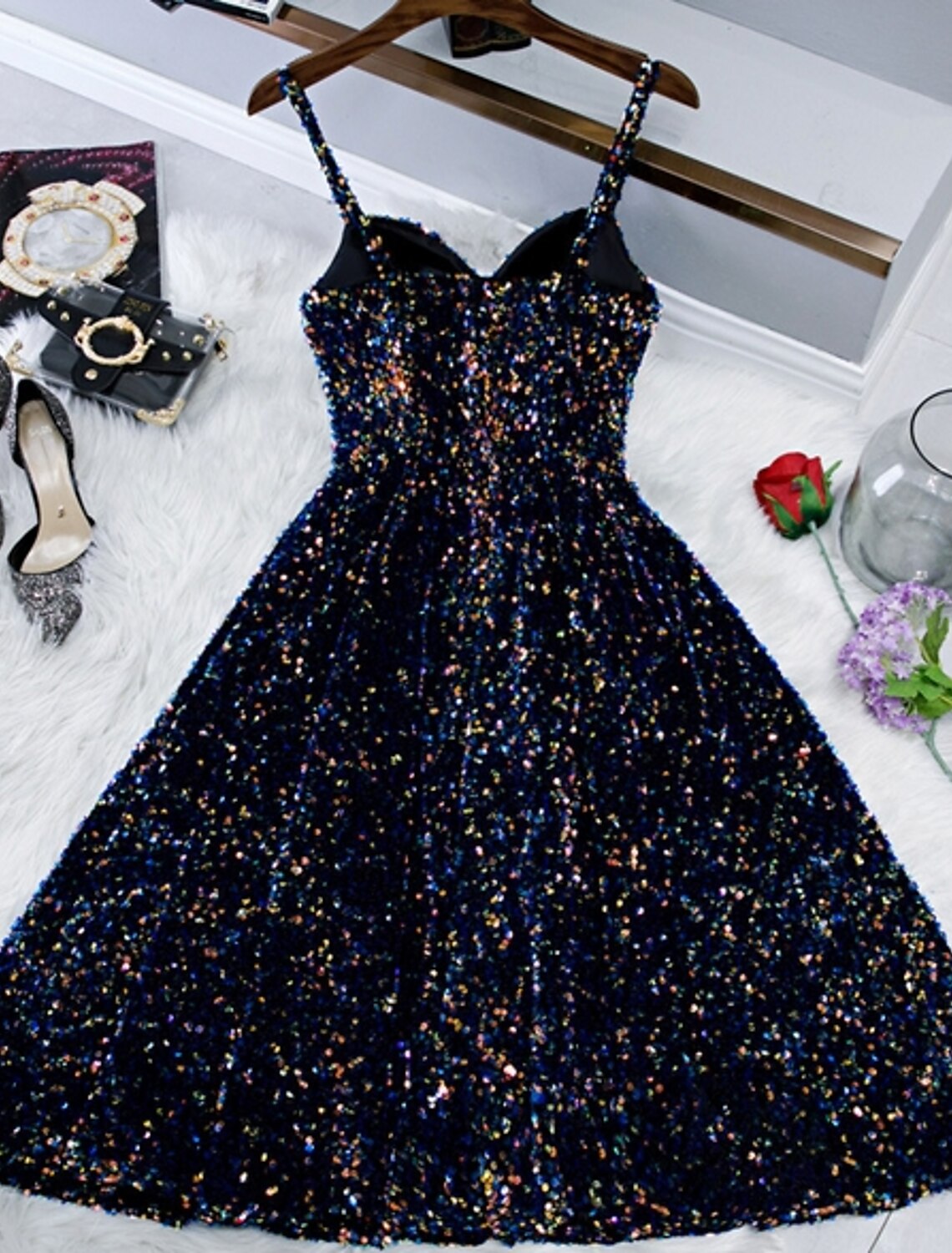 Sparkle & Shine Holiday Cocktail Party Dress Spaghetti Strap Sleeveless Knee Length
